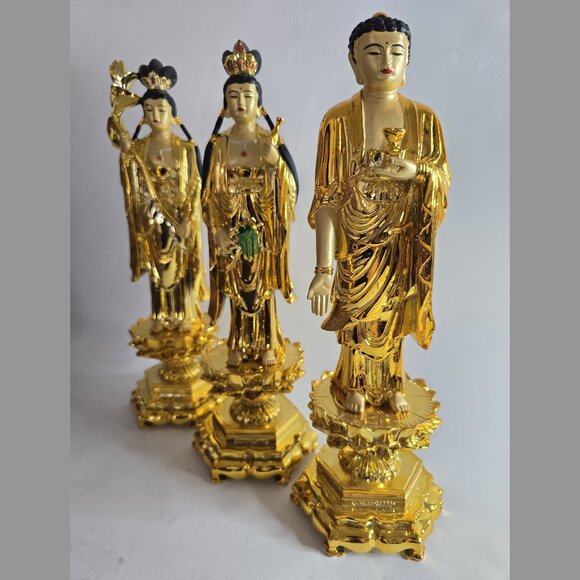 Rare Gorgeous Bronze Gilt Buddha Statue Set of 3 - Picture 1 of 10